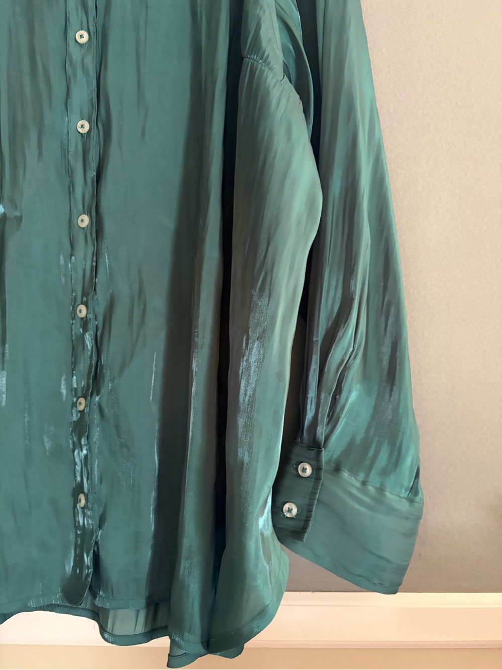 Button-Front Satin Blouse in Teal - Picture 3 of 13